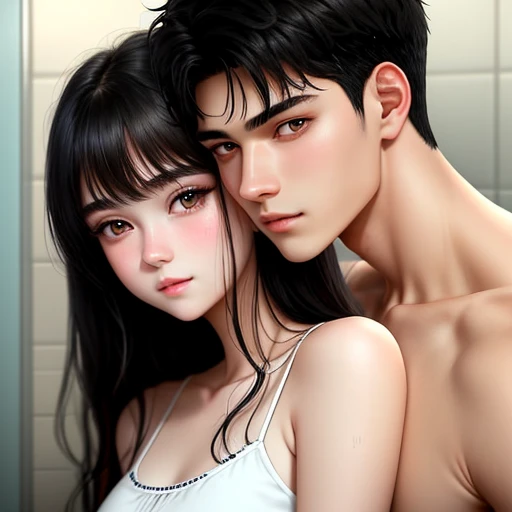 Couple hug scene on shower
20-year-old boy and 18-year-old girl, Detailed face, Detailed eyes, double eyelid,, Handsome-cool-warm-boy with black hair and hot-seductive-sexy-cute-beautiful-girl with black hair and blushing face. Intimate vibes.