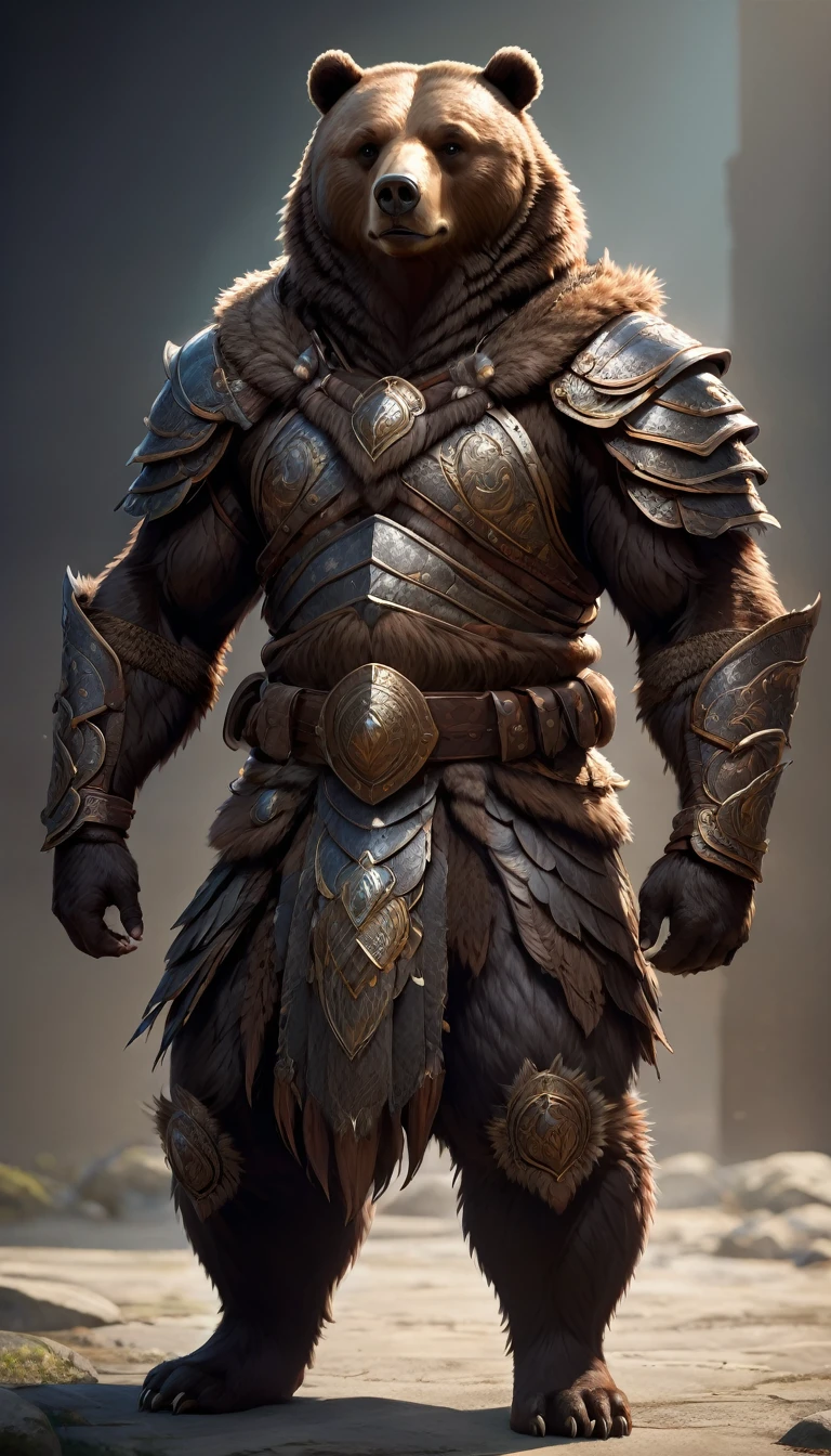 A bear warrior in full body shot, facing forward, hyperrealistic, intricate details, highly realistic, cinematic lighting, dramatic pose, fur texture, muscular body, intense expression, medieval armor, fantasy art, cinematic angle, dramatic lighting, muted color palette