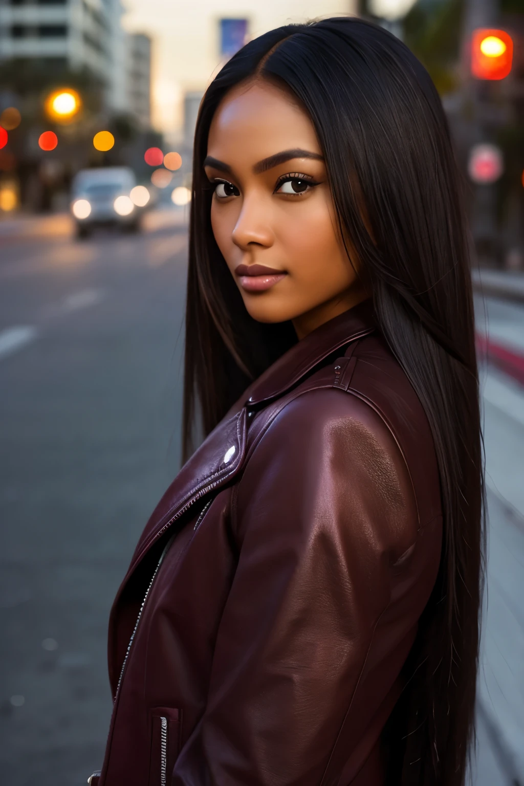 best quality, realistic, front pov, a female Indonesian supermodel, KristannaTX in a los angeles city street, night time, dark, (a black female african american supermodel), (wine red leather jacket:1.0), seductive smirk, (long hair), (dark hair) (straight hair:1.1), perfect face, perfect eyes, (deep focus), (clear lighting), (hard lighting:1.0)