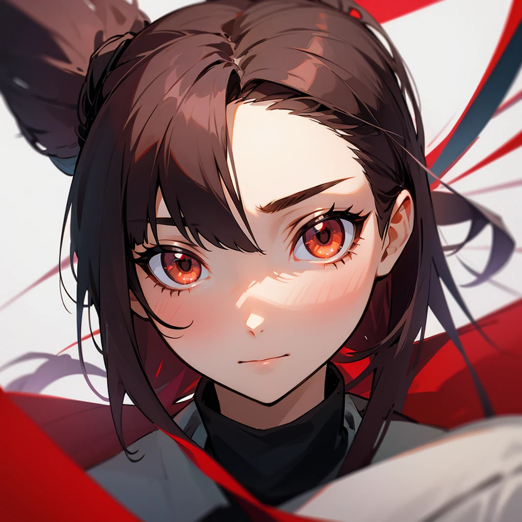 Tall girl Red eyes Dark hair Ponytail with fringe Front face