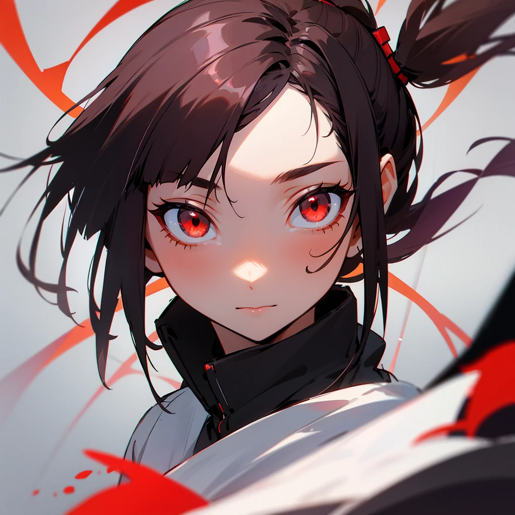 Tall girl Red eyes Dark hair Ponytail with fringe Front face
