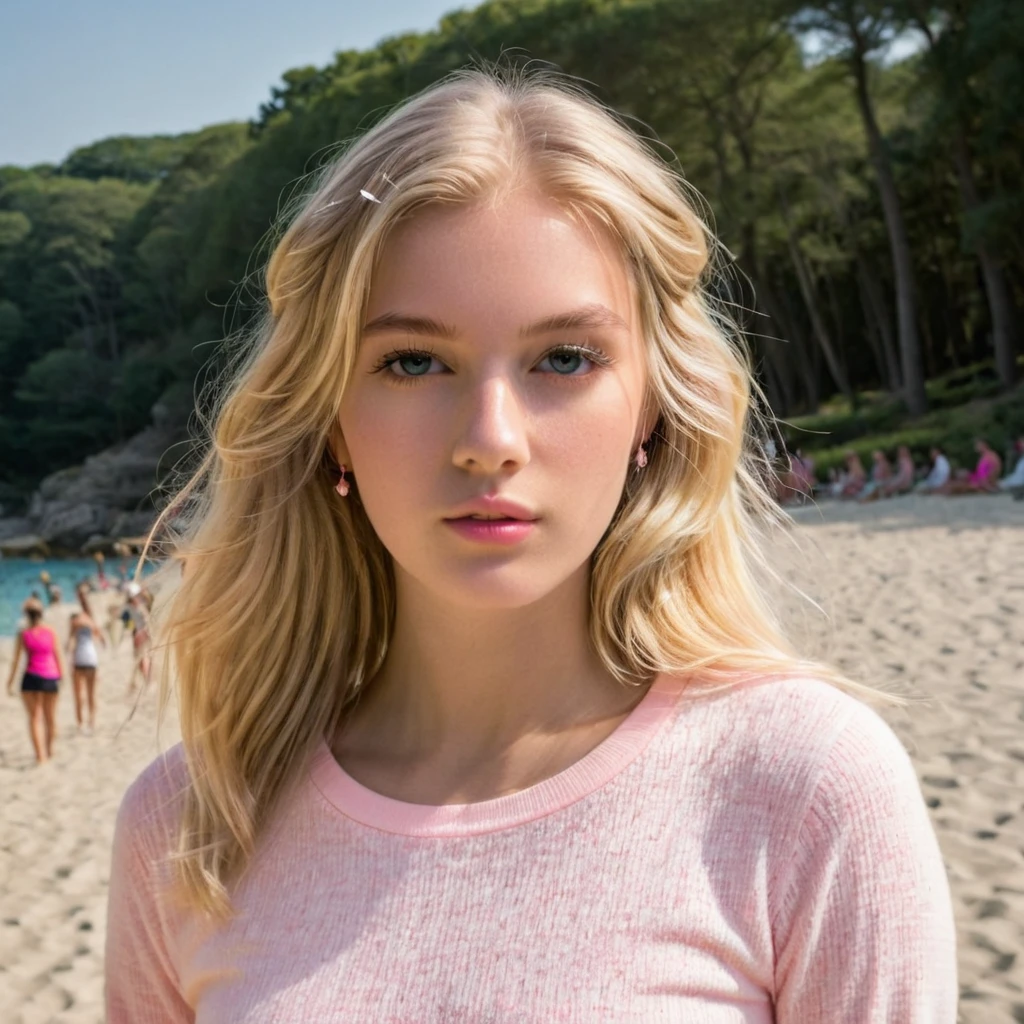 Un portrait photoréaliste d'une jeune blonde de 21 ans avec de longs cheveux blanc et rose  et des yeux sombres saisissants. Elle doit avoir une expression naturelle et accessible et être éclairée par la douce lumière du soleil dorée. L’arrière-plan doit être un décor extérieur pittoresque, peut-être un parc ou une plage ensoleillée. Capturez cette image avec une photographie haute résolution à l'aide d'un objectif 85 mm pour une perspective flatteuse. elle joue au tennis