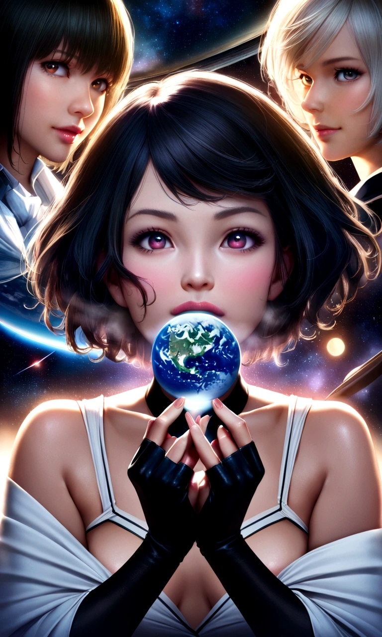 magazine、scoop、A Goddess Bigger Than a Small Earth、Neat、Pure white long dress、Hold the Earth in your hand and bring it to your mouth、universe space、Sexy pose、Small breasts、Realistic、Magazine Cover、anime、リアルanimeスタイル、short hair、Black Hair、Cute woman、Beauty、model、Portrait、Steamy、steam、Japanese Idol、20th Generation、Milky Way、nebula、Mars、Saturn、moon、Spectacular atmosphere、animeキャラクターのポスター
