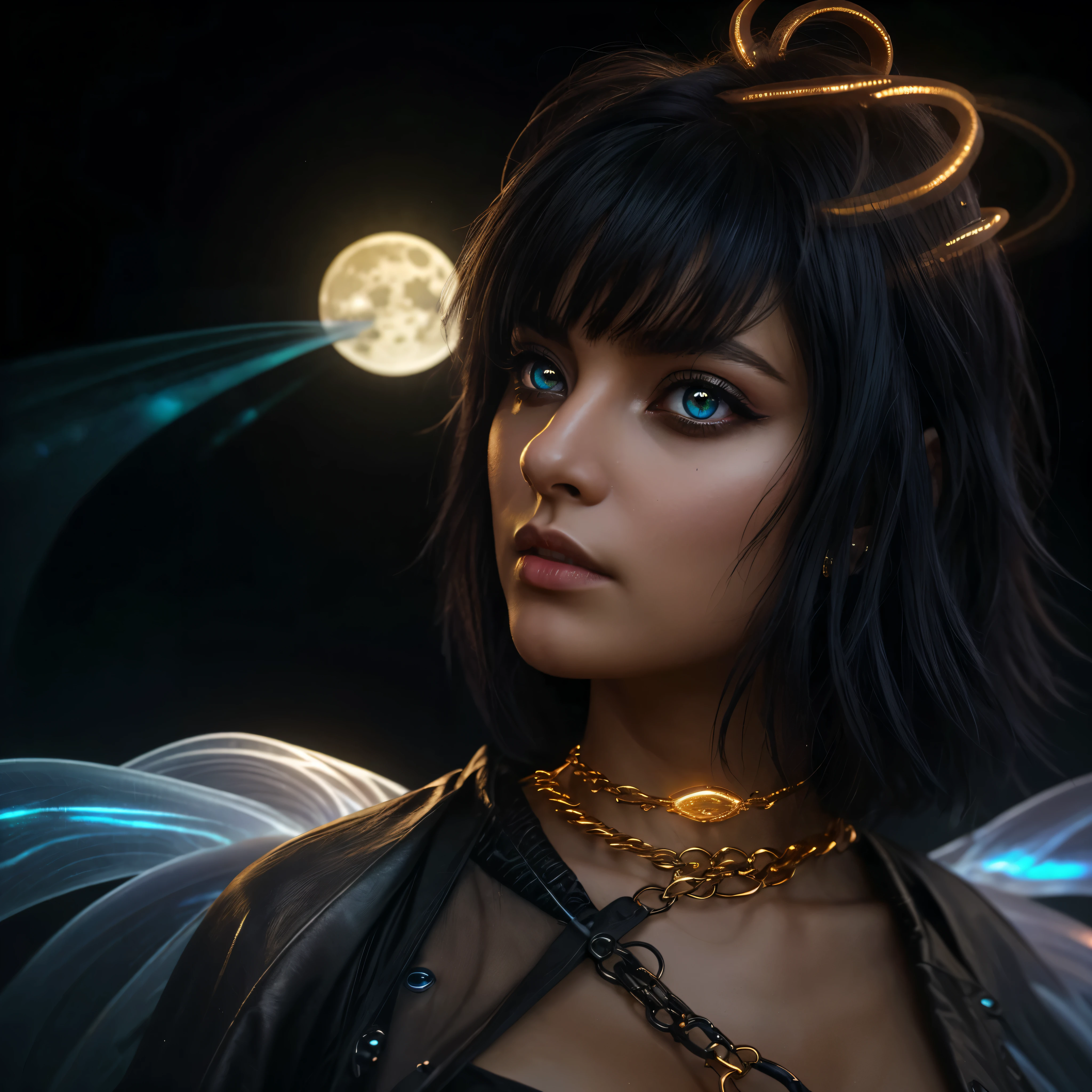 +(((HDMI, HDRI, UDHD))),((Njj 3d)+(Njj modern anime)), night, rain, cemetery, 1 woman, punk rock style clothes, black leather jeans, chains, sneakers, ( (neon iris lighting) 1.1), (eyes emit a magical glow 1.1), ((detailed beautiful eyes) 1.1)), lighting: ((light source full moon))), (((bioluminescence halo light effect Aura focuses on hair))), light falling from above, close-up, bright colors, high quality, extreme detail, blur, depth of field, blurred foreground, looking into the camera, The image had to have an overall sense of mysticism and otherworldliness., with even more number of fantasy elements. (perfect details: 1.1), (beautiful and clear background: 1.2), (extremely detailed CG, ultra detailed, best shadow: 1.1), (finely detailed beautiful eyes), (full-length 1.1), ((fairy fog effect)) , ((ultrasound wave effect)), ((golden rays)), ((abnormal air vibration))., 3D, digital art, on a solid color black background