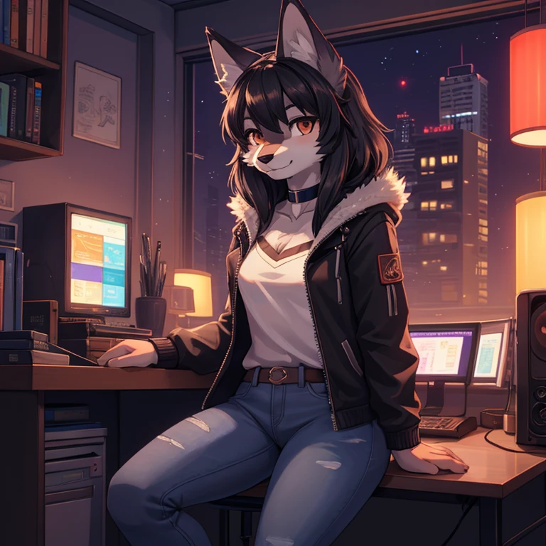 Masterpiece, high quality, furry, wolf, animal ears, body fur, 1girl, solo, black hair, Brown eye, looking at viewer, smile, female, wolf girl, young adult, room and city, Night, RGB lights, warm colors, lofi, room with computer, screen lights, toned body, choker, chill pose, jacket and jeans, femenine clothes, lofi 8bits, furry anthropomorphic wolf, furry wolf nose, light-grey fur