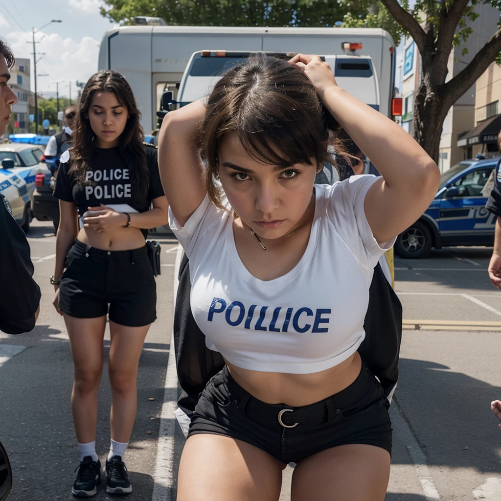 A girl is arrested by the police, wearing short shorts and a T-shirt, bending over a police car and being tied with handcuffs.