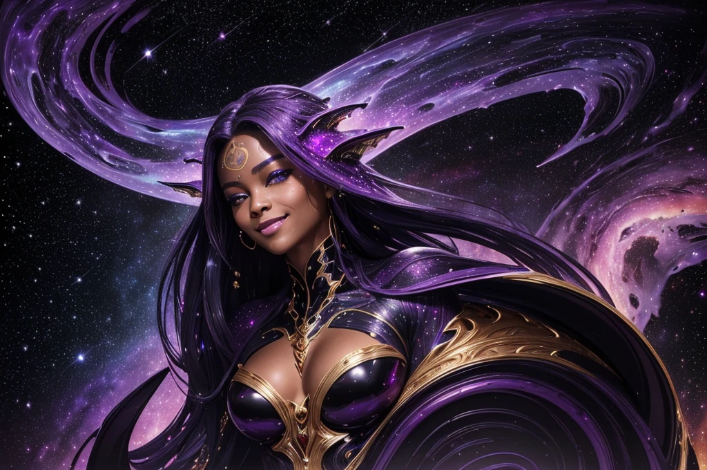 (body, formed by purple-colored galactic liquid and black metallic paint, forming a beautiful interpretation of the female figure.), natural,((complex galactic metallic colors in the foreground)), (( fluid mechanics, the most beautiful smooth face makeup, Grinning facial expression)) - red, black and gold, Onyxia, metallic color palette g0s1