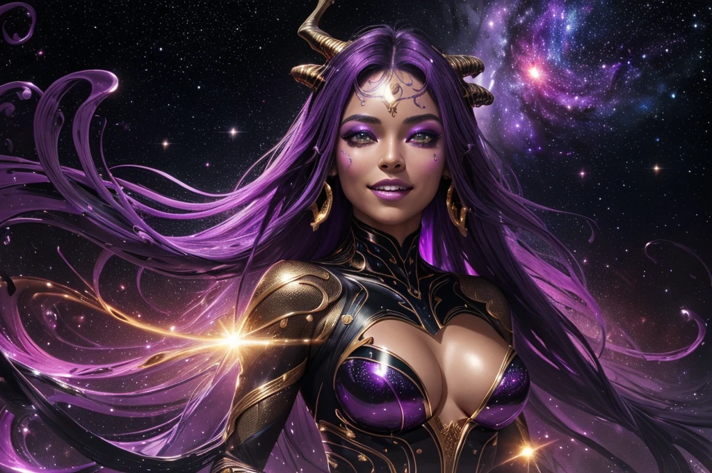 (body, formed by purple-colored galactic liquid and black metallic paint, forming a beautiful interpretation of the female figure.), natural,((complex galactic metallic colors in the foreground)), (( fluid mechanics, the most beautiful smooth face makeup, Grinning facial expression)) - red, black and gold, Onyxia, metallic color palette g0s1