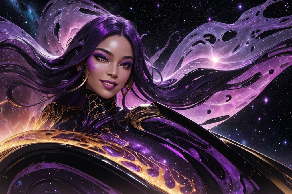 (body, formed by purple-colored galactic liquid and black metallic paint, forming a beautiful interpretation of the female figure.), natural,((complex galactic metallic colors in the foreground)), (( fluid mechanics, the most beautiful smooth face makeup, Grinning facial expression)) - red, black and gold, Onyxia, metallic color palette g0s1