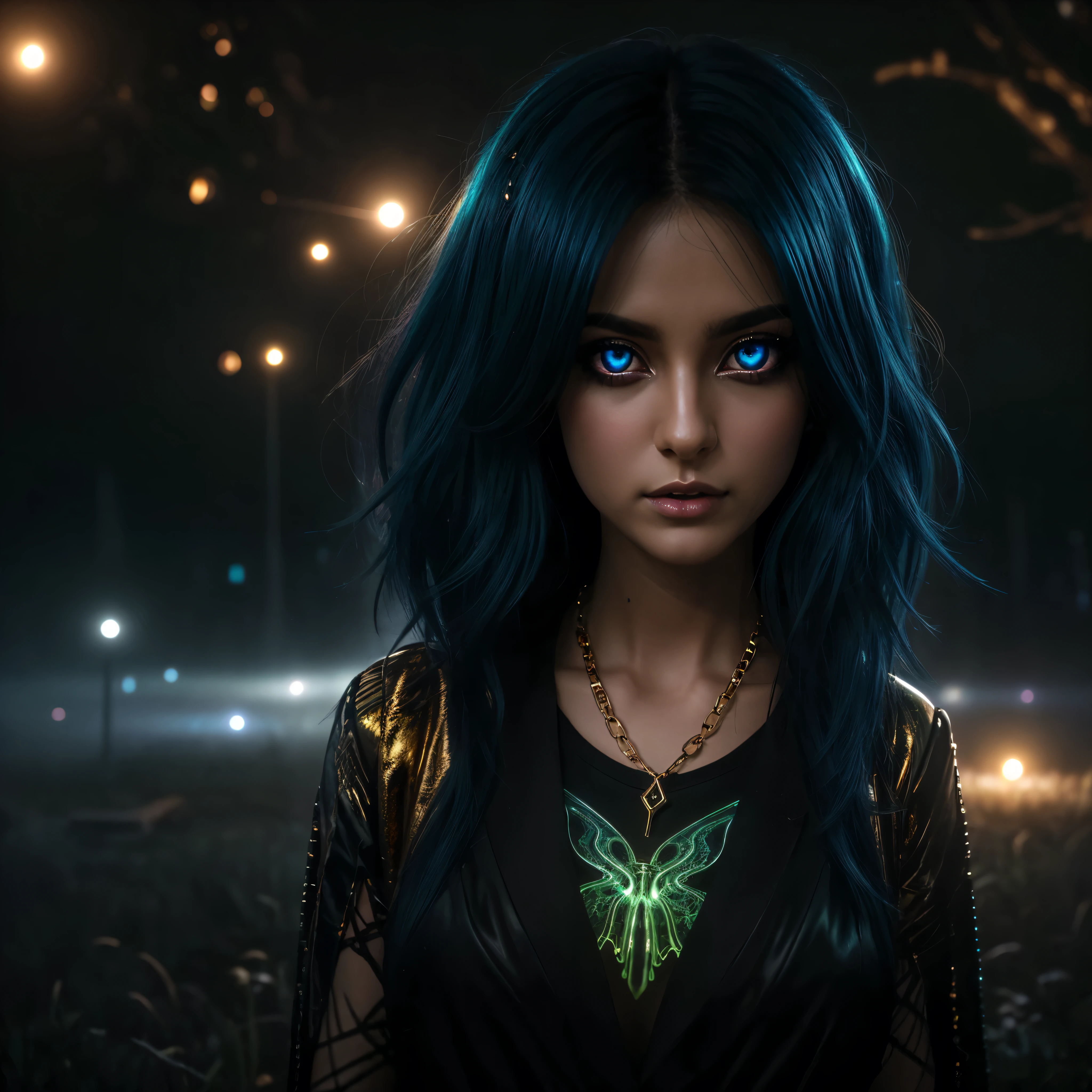 +(((HDMI, HDRI, UDHD))),((Njj 3d)+(Njj modern anime)), night, rain, cemetery, 1 woman, punk rock style clothes, black leather jeans, chains, sneakers, ( (neon iris lighting) 1.1), (eyes emit a magical glow 1.1), ((detailed beautiful eyes) 1.1)), lighting: ((light source full moon))), (((bioluminescence halo light effect Aura focuses on hair))), light falling from above, close-up, bright colors, high quality, extreme detail, blur, depth of field, blurred foreground, looking into the camera, The image had to have an overall sense of mysticism and otherworldliness., with even more number of fantasy elements. (perfect details: 1.1), (beautiful and clear background: 1.2), (extremely detailed CG, ultra detailed, best shadow: 1.1), (finely detailed beautiful eyes), (full-length 1.1), ((fairy fog effect)) , ((ultrasound wave effect)), ((golden rays)), ((abnormal air vibration))., 3D, digital art, on a solid color black background