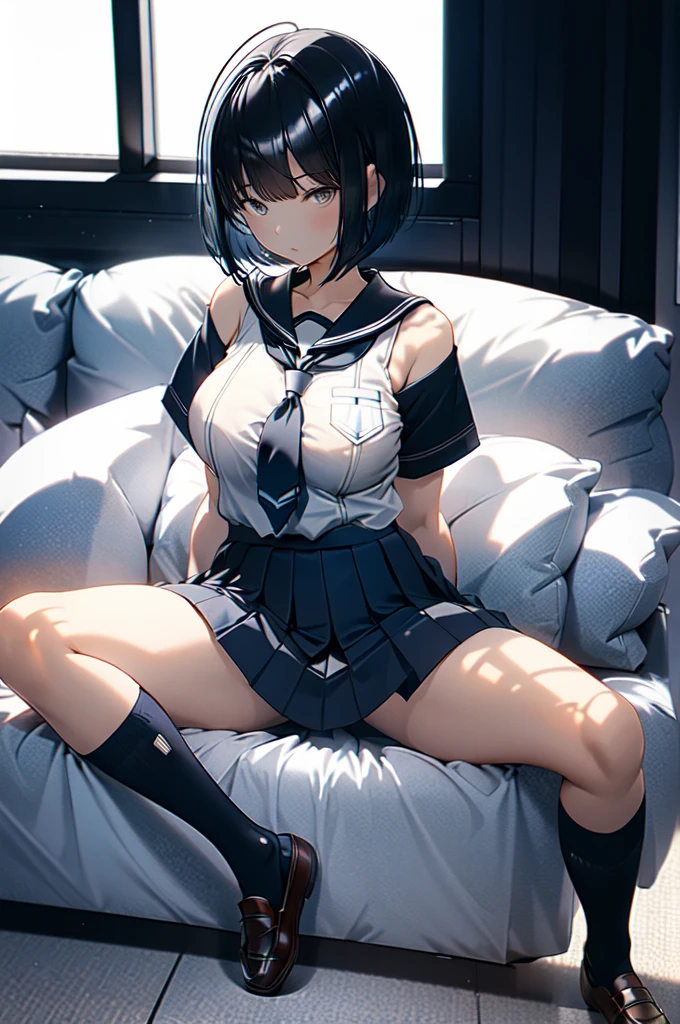 nsfw、独奏、Big Breastshigh school girl、(Black Hair、Very Short Hair、Boyish cut)、（Sailor suit summer uniform、Short sleeve、Navy blue tie、Navy blue micro mini skirt、Navy Pleated Skirt、White mesh panties、White Short Socks）、(Bare thighs、Smooth thighs)、Black Loafers、両脚を大きくBig Breasts開いて、Big Breasts、high school girl、nsfw、独奏、Arms folded behind back、Spreading her legs:1.5、sitting、Dark Eyes、Girls&#39; High School、classroom