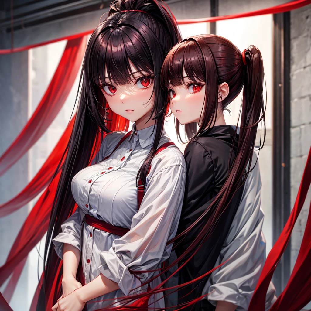 Tall girl Red eyes Dark hair Ponytail with fringe Front face