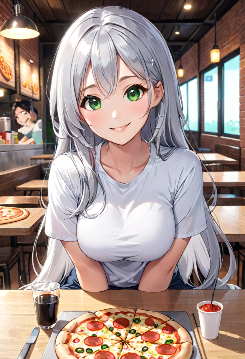 Pretty asian woman, bright silver hair, long hair, green eyes,  tshirt, perfect face, busty, sitting at a table, cute pose, pizzaon the table, anime style , smiling