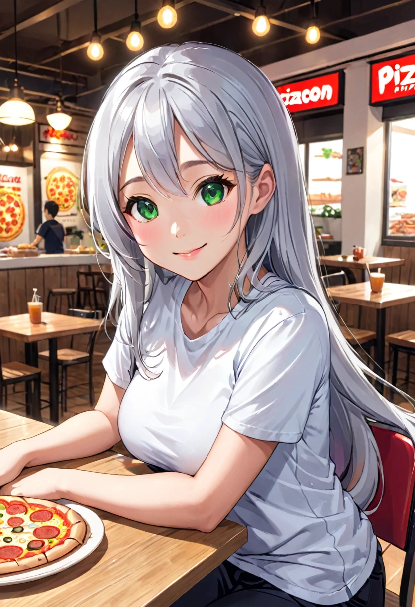 Pretty asian woman, bright silver hair, long hair, green eyes,  tshirt, perfect face, busty, sitting at a table, cute pose, 1 pizza on the table, anime style , smiling