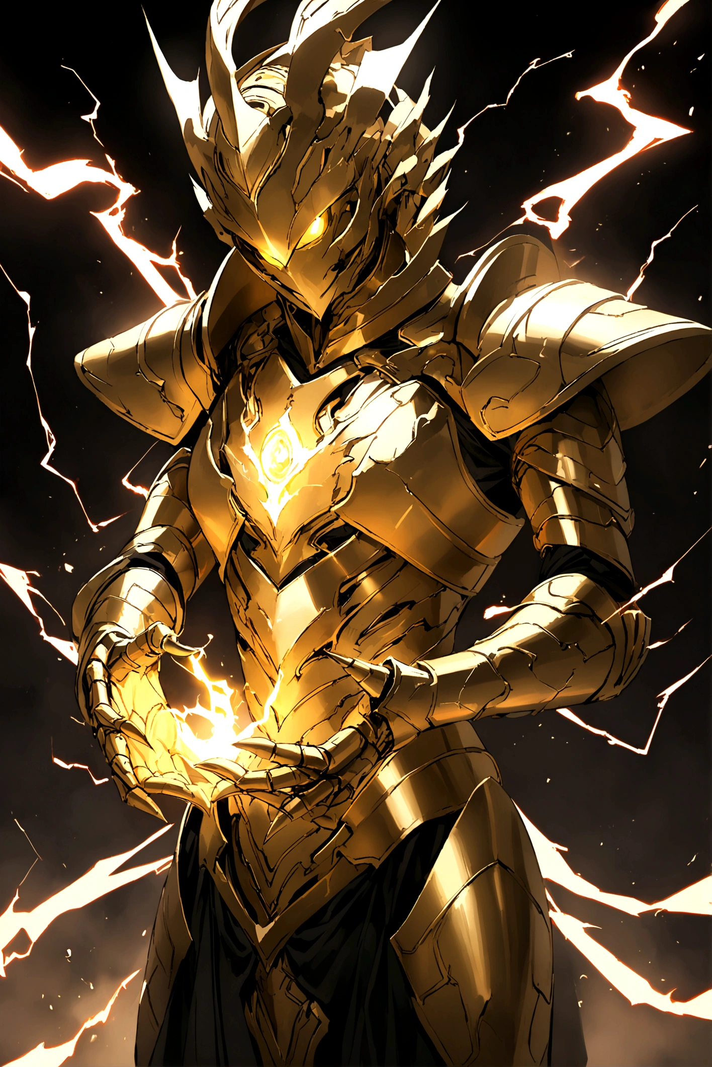 A black and slighty gold armor made of ancient technology and magic with red lightning and energy in its chest and hands