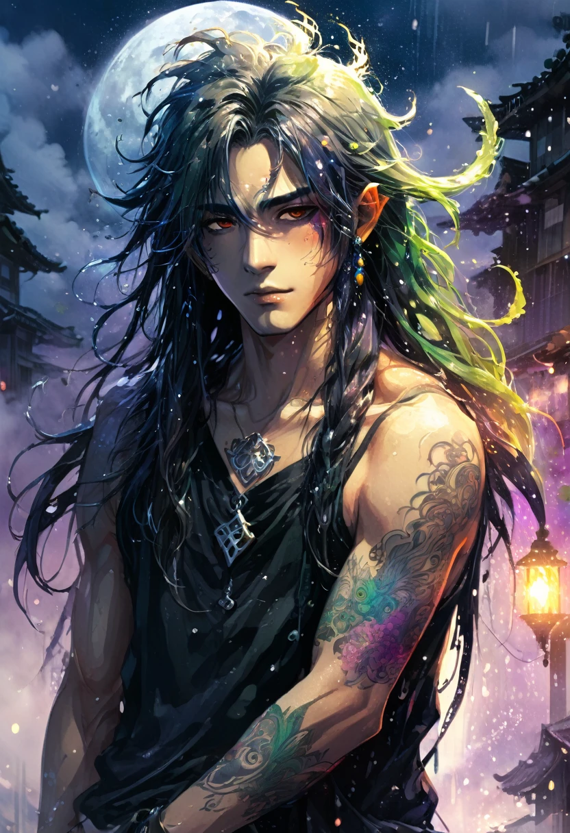 An ethereal sultryseductivedemonic 20 year old anime male druid with metallic long hair and tattoos, intimately holding and almost kissing a 20 year old anime male, anime druid demon male hellscape at night, manga inspired by Masashi Wakui, rainbow color palette, atmospheric fog, decay, worn textures, rain-soaked fantasy village, manga-style illustration --s 150 --ar 1:2 --c 5 Removed From Image