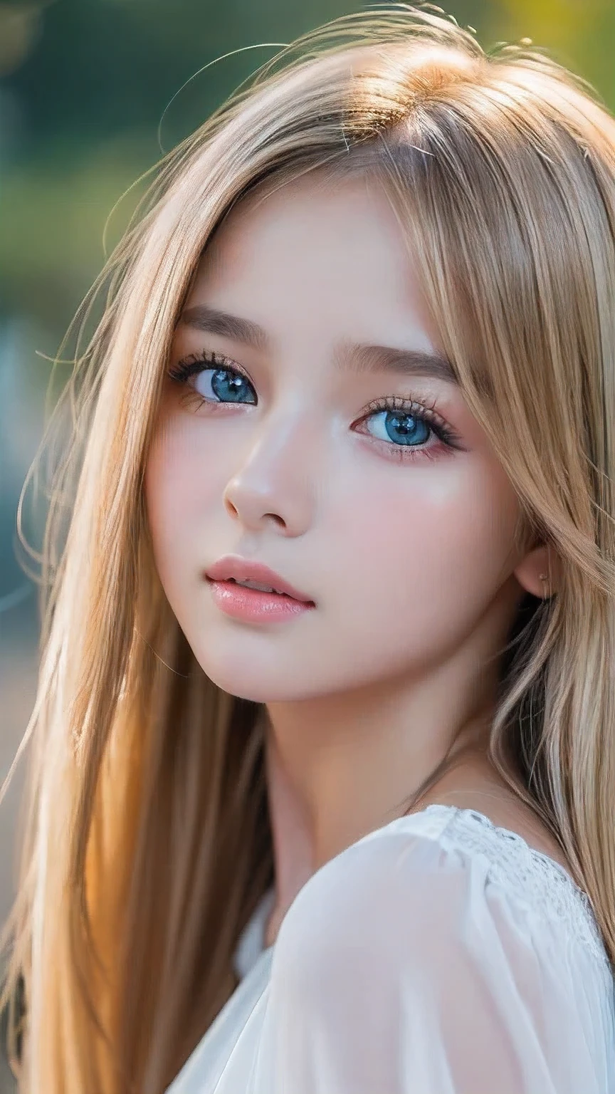A perfectly beautiful face、Super long messy silky beautiful blonde、Beautiful cute girl 、Sexy and very beautiful cute face、Beautiful cute sexy bright pale sky blue big eyes、Long beautiful bangs、Very super long beautiful blonde shiny silky hair、Very white skin、Cheek gloss、Glossy skin、eyeliner、A peerless beauty、Hair above the eyes、片Hair above the eyes、Hair between the eyes、