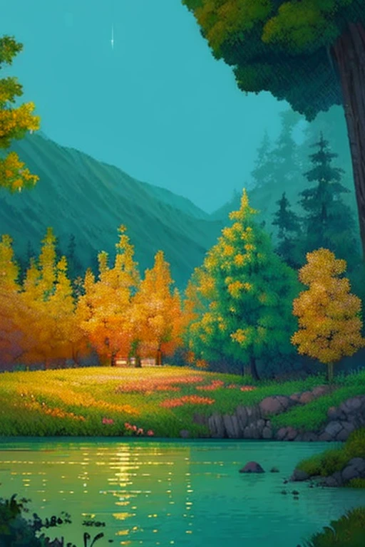 a house with a lake and forest that has good lighting just like this one in pixe art but I just want the landscape with everything denaturale