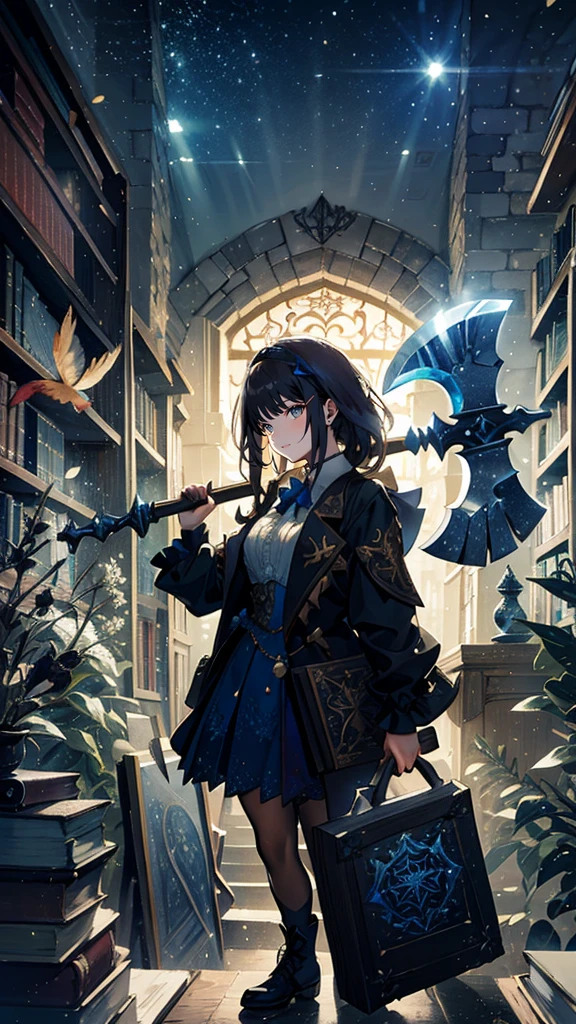 A solo ager girl in a dimly lit urban library, ((wielding a enchanted stone axe)), posing, with fairy tale characters emerging from the books and glittering dust in the air. The scene is enhanced by falling leaves and masked ball motifs. The art style is reminiscent of Pre-Raphaelite works with an urban fantasy edge. Enchanting, mysterious, detailed