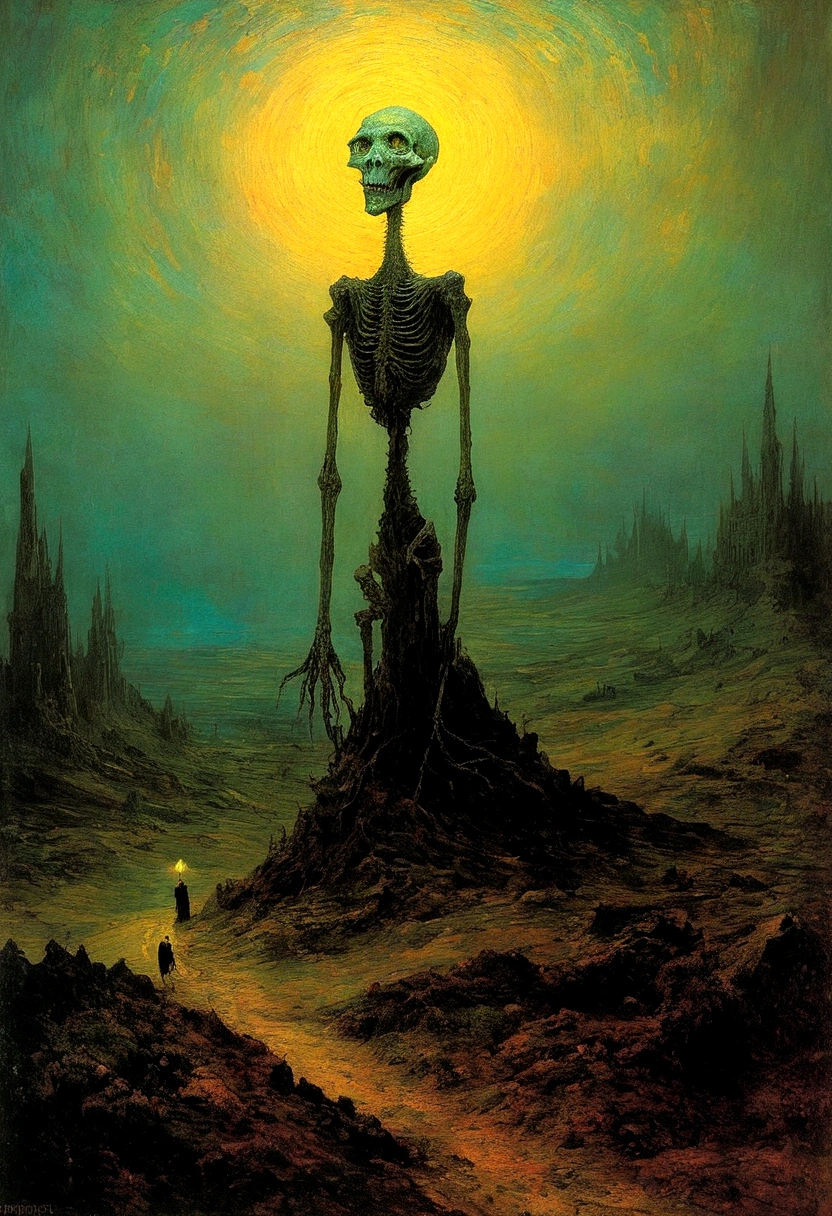 Mythical creatures, author：zislaw Beksiński and Vincent Van Gogh, Album cover, romantic, Surrealism, Futuristic ,Smiling Co Wizard, Abstracted, dark,  landscape