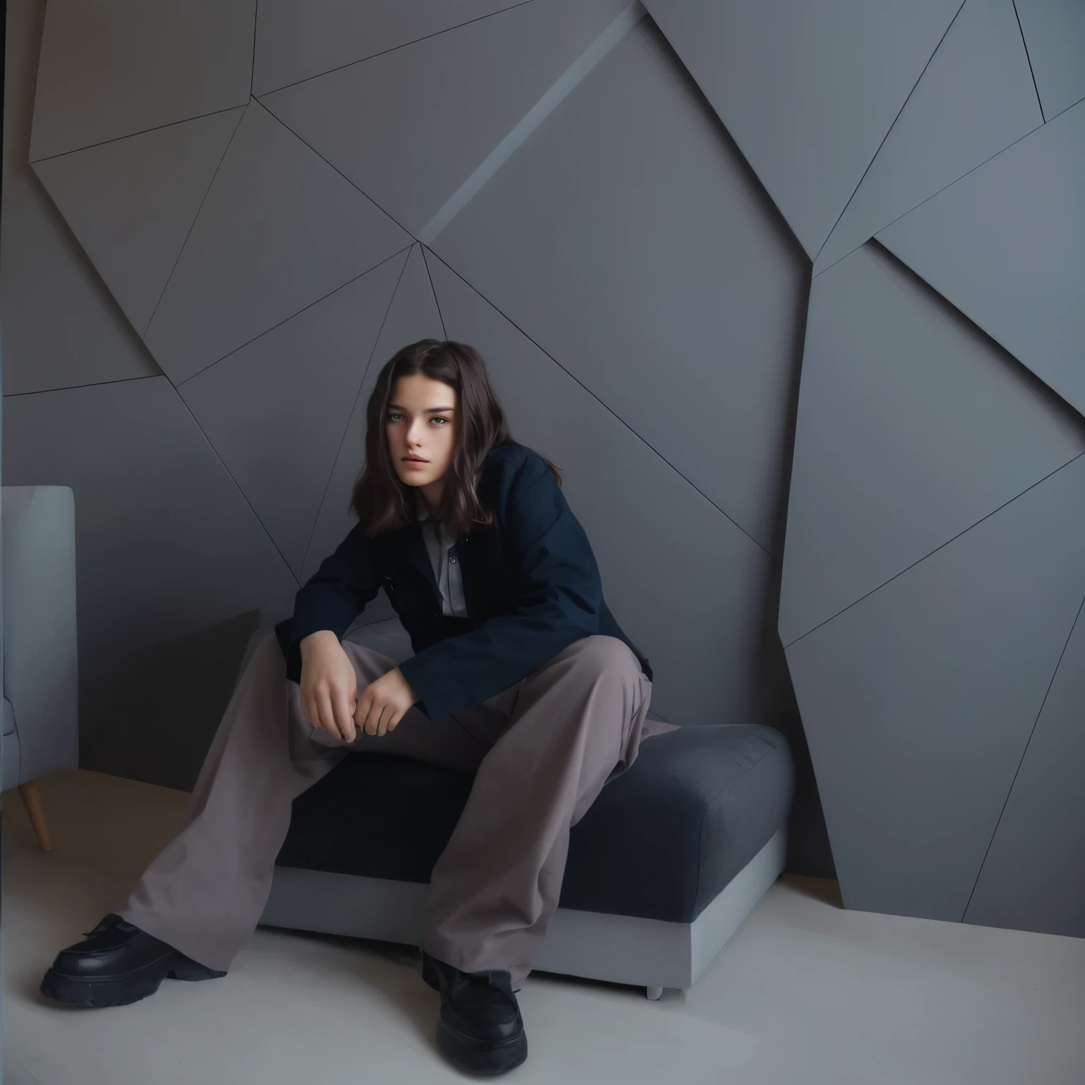 A girl is sitting on the sofa in the room, portrait shot