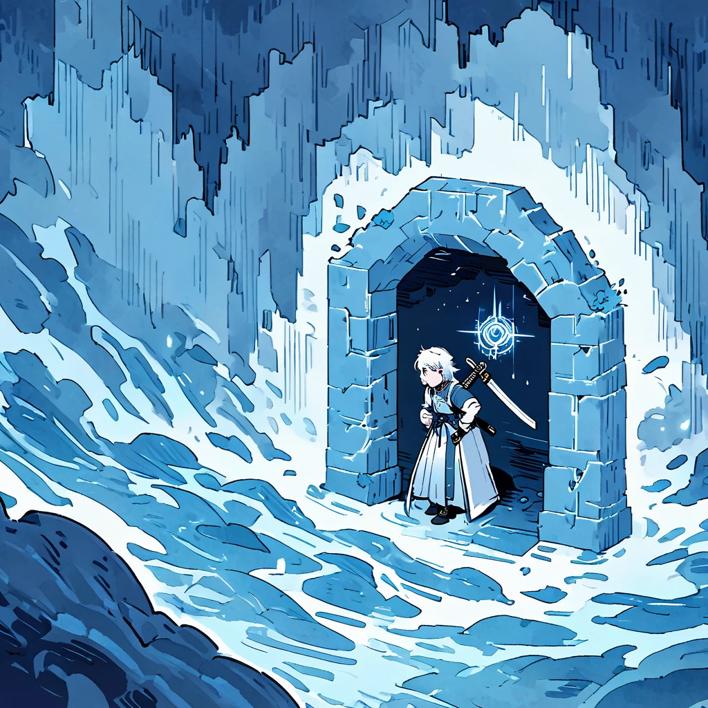 (Masterpiece), (Best Quality) fantasy world, Dungeonpunk, white portal,
Boy with white hair, dark shaped eyes, Black clothing with white details, standing backwards, se aproximando ao pequeno white portal que está logo a frente, katana, eletrecixade, inside a cave, Dungeonpunk