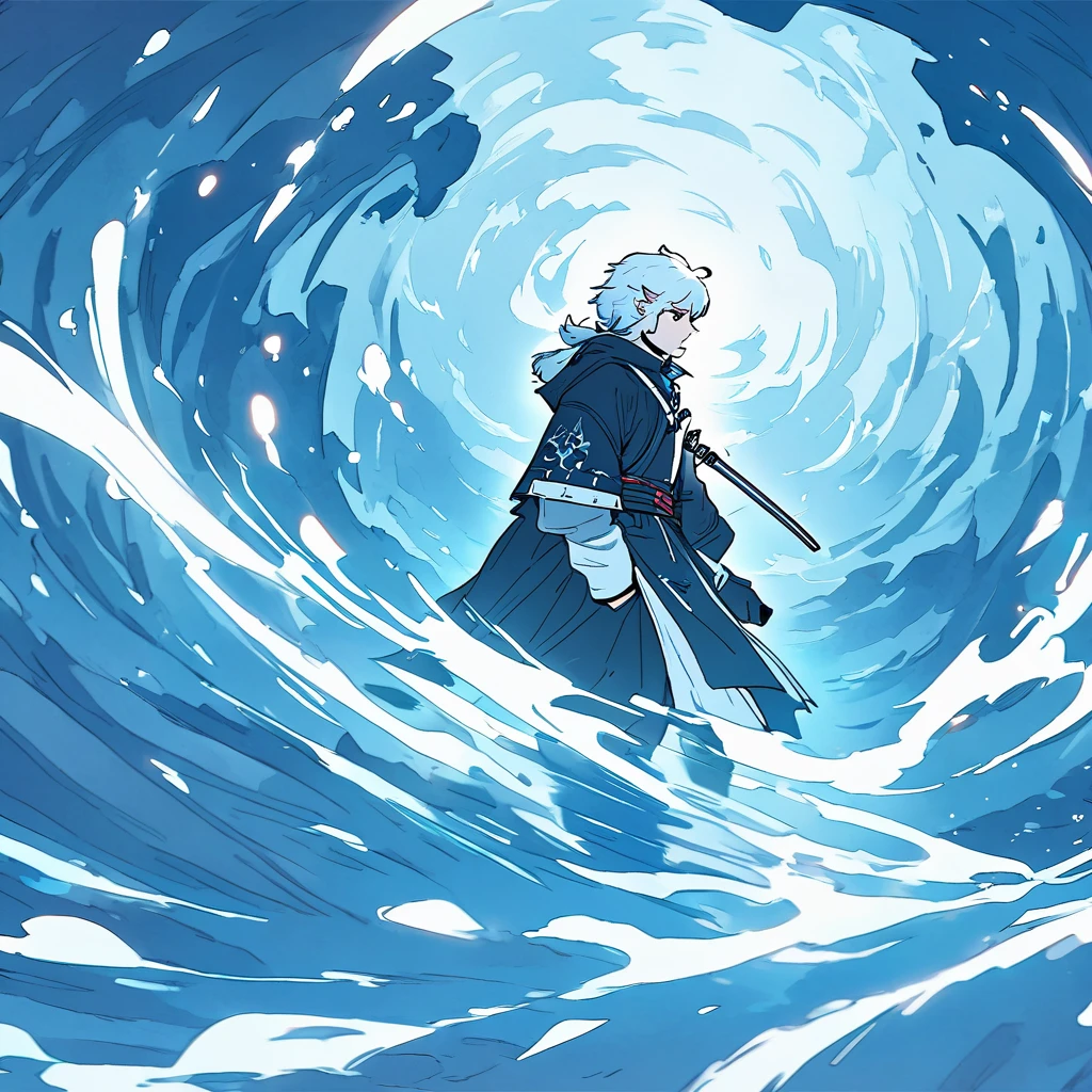 (Masterpiece), (Best Quality) fantasy world, Dungeonpunk, white portal,
Boy with white hair, dark shaped eyes, Black clothing with white details, standing backwards, se aproximando ao pequeno white portal que está logo a frente, katana, eletrecixade, inside a cave, Dungeonpunk