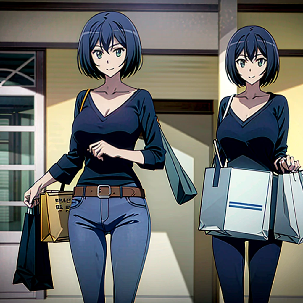 Kanade sakurada, black hair, short hair, green eyes, orange shirt, v neck shirt, longe sleeves, blue jeans, large breast,full boody, smiling, belt, shoping center, indoors, shopping bag, looking at the viewers, masterpiece,