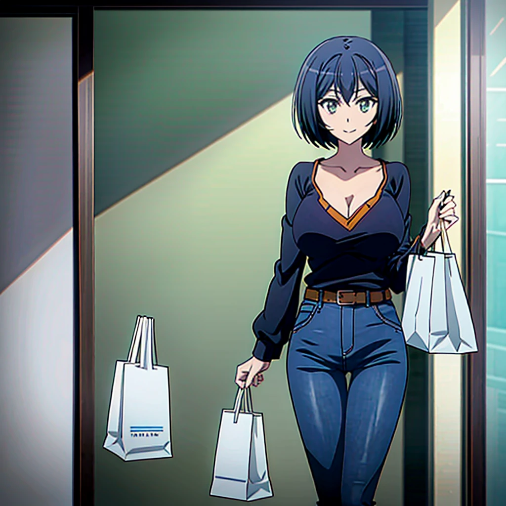 Kanade sakurada, black hair, short hair, green eyes, orange shirt, v neck shirt, longe sleeves, blue jeans, large breast,full boody, smiling, belt, shoping center, indoors, shopping bag, looking at the viewers, masterpiece,