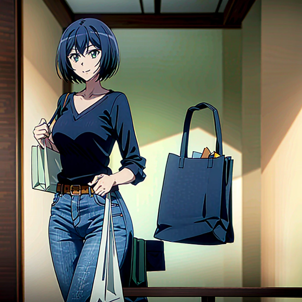 Kanade sakurada, black hair, short hair, green eyes, orange shirt, v neck shirt, longe sleeves, blue jeans, large breast,full boody, smiling, belt, shoping center, indoors, shopping bag, looking at the viewers, masterpiece,