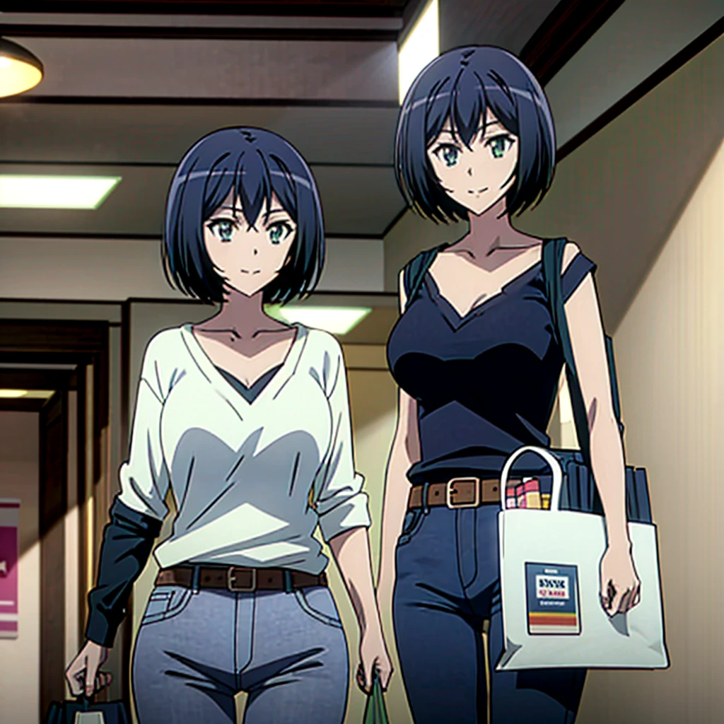 Kanade sakurada, black hair, short hair, green eyes, orange shirt, v neck shirt, longe sleeves, blue jeans, large breast,full boody, smiling, belt, shoping center, indoors, shopping bag, looking at the viewers, masterpiece,