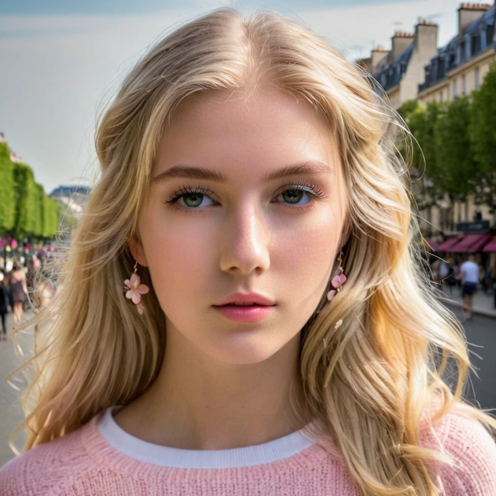 Un portrait photoréaliste d'une jeune blonde de 21 ans avec de longs cheveux blanc et rose  et des yeux sombres saisissants. Elle doit avoir une expression naturelle et accessible et être éclairée par la douce lumière du soleil dorée. L’arrière-plan doit être un décor extérieur pittoresque, peut-être un parc ou une plage ensoleillée. Capturez cette image avec une photographie haute résolution à l'aide d'un objectif 85 mm pour une perspective flatteuse en jupe dans la rue de paris