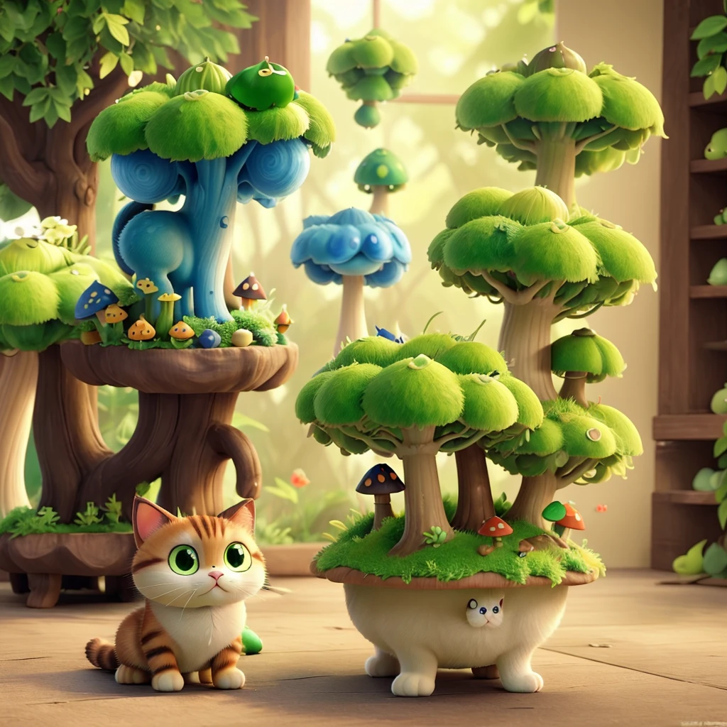 Cat ate green poisonous mushroom，Turned into a poisonous mushroom cat。Cat with matcha green poisonous mushroom on its head，like a ha body is like a poisonous mushroom，body becomes round，The feet also become round and short，But without losing the cat’s hair。 Eyes become round and too big，One green eye，The other eye is sapphire blue。