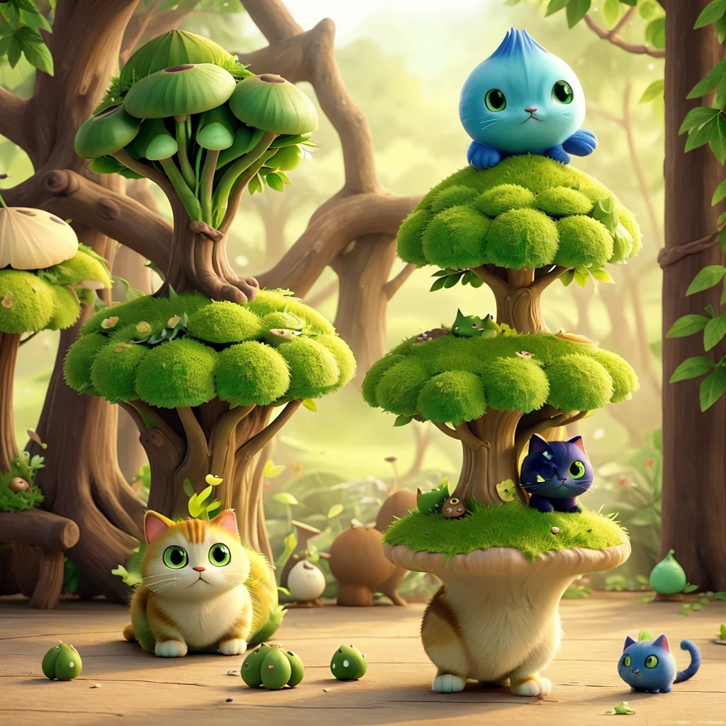 Cat ate green poisonous mushroom,Turned into a poisonous mushroom cat。Cat with matcha green poisonous mushroom on its head,like a ha body is like a poisonous mushroom,body becomes round,The feet also become round and short,But without losing the cat’s hair。 Eyes become round and too big,One green eye,The other eye is sapphire blue。