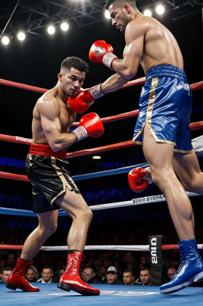 A handsome man wearing rubber boots was beaten by two boxing experts