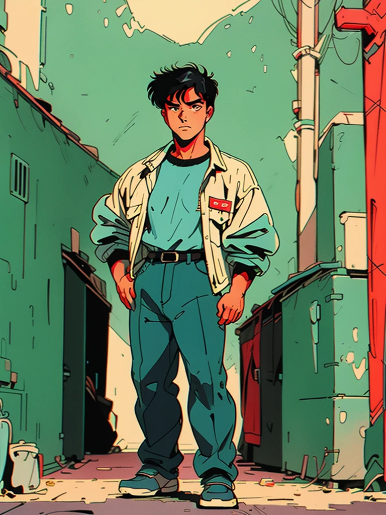 Alley, Full body standing detective, gun, pant, shirt, jacket, retro style



