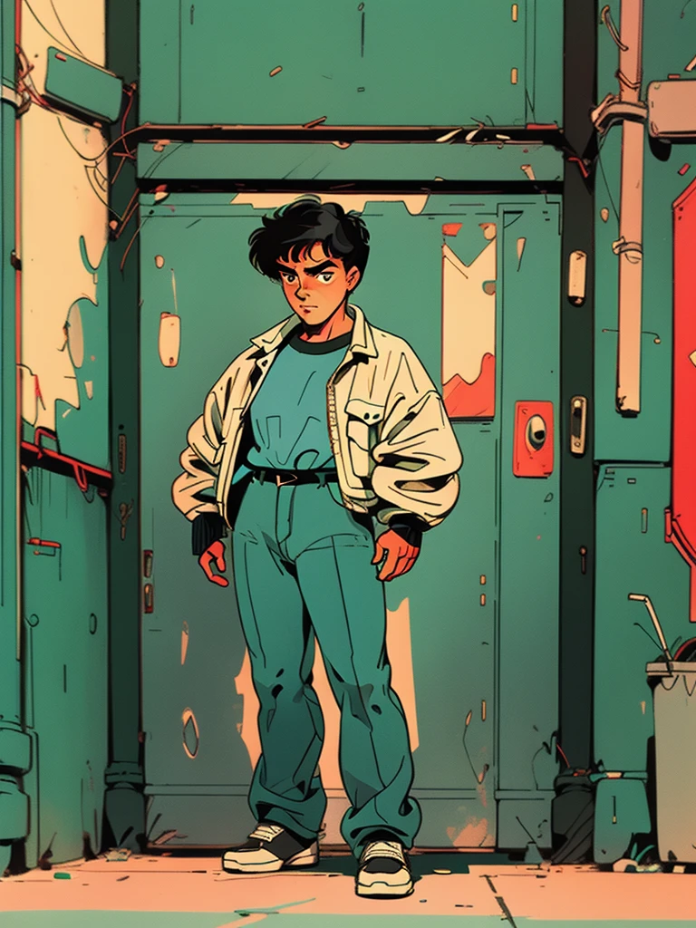 Alley, Full body standing detective, gun, pant, shirt, jacket, retro style