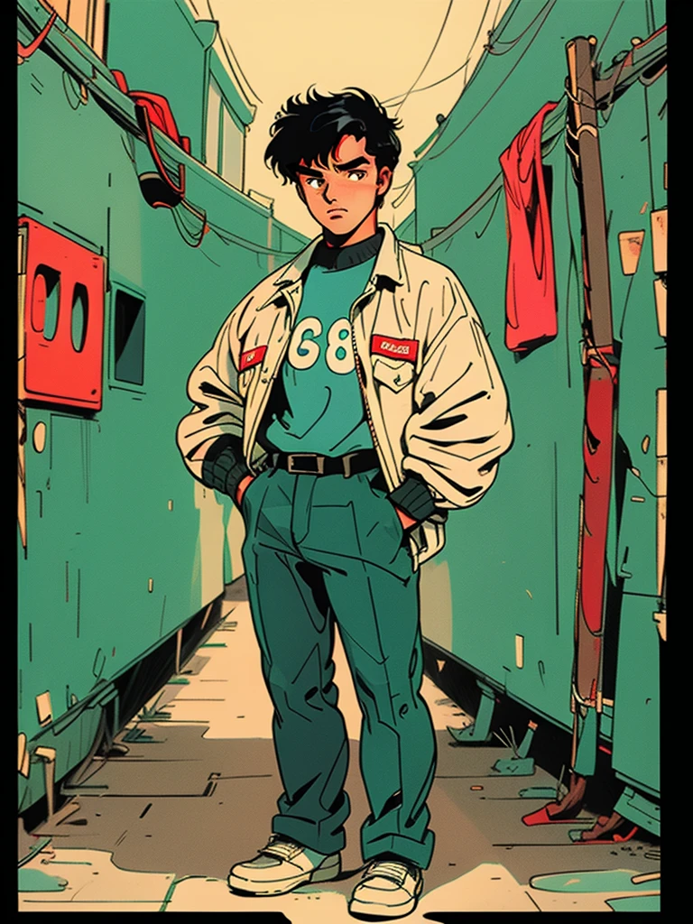 Alley, Full body standing detective, gun, pant, shirt, jacket, retro style



