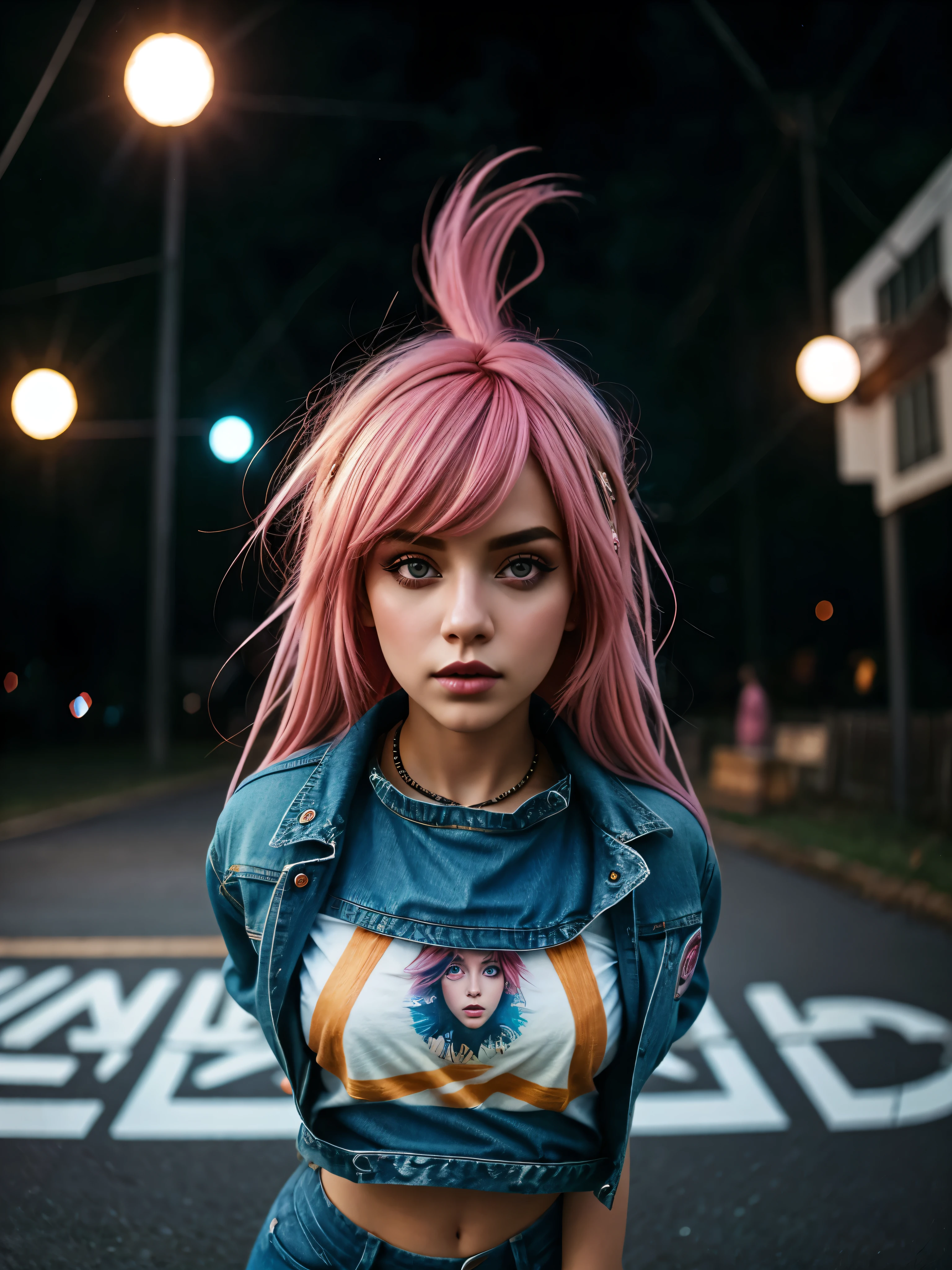 girl, pink hair, short black shorts, beautiful eyes, denim jacket, white T-shirt, field, HD effects, depth of field, contrast, panorama, kaleidoscopic , cinematic