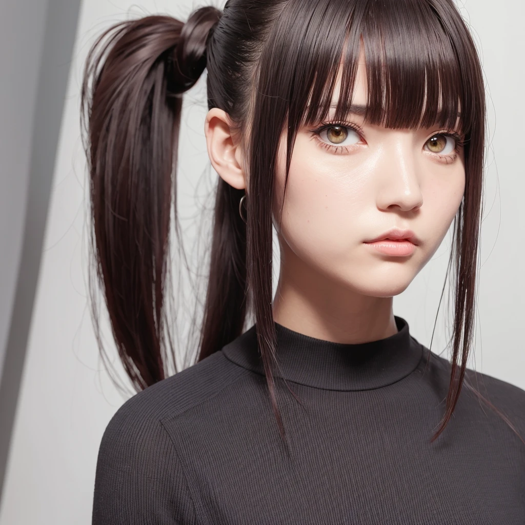 Tall girl Red eyes Dark hair Ponytail with fringe Front face