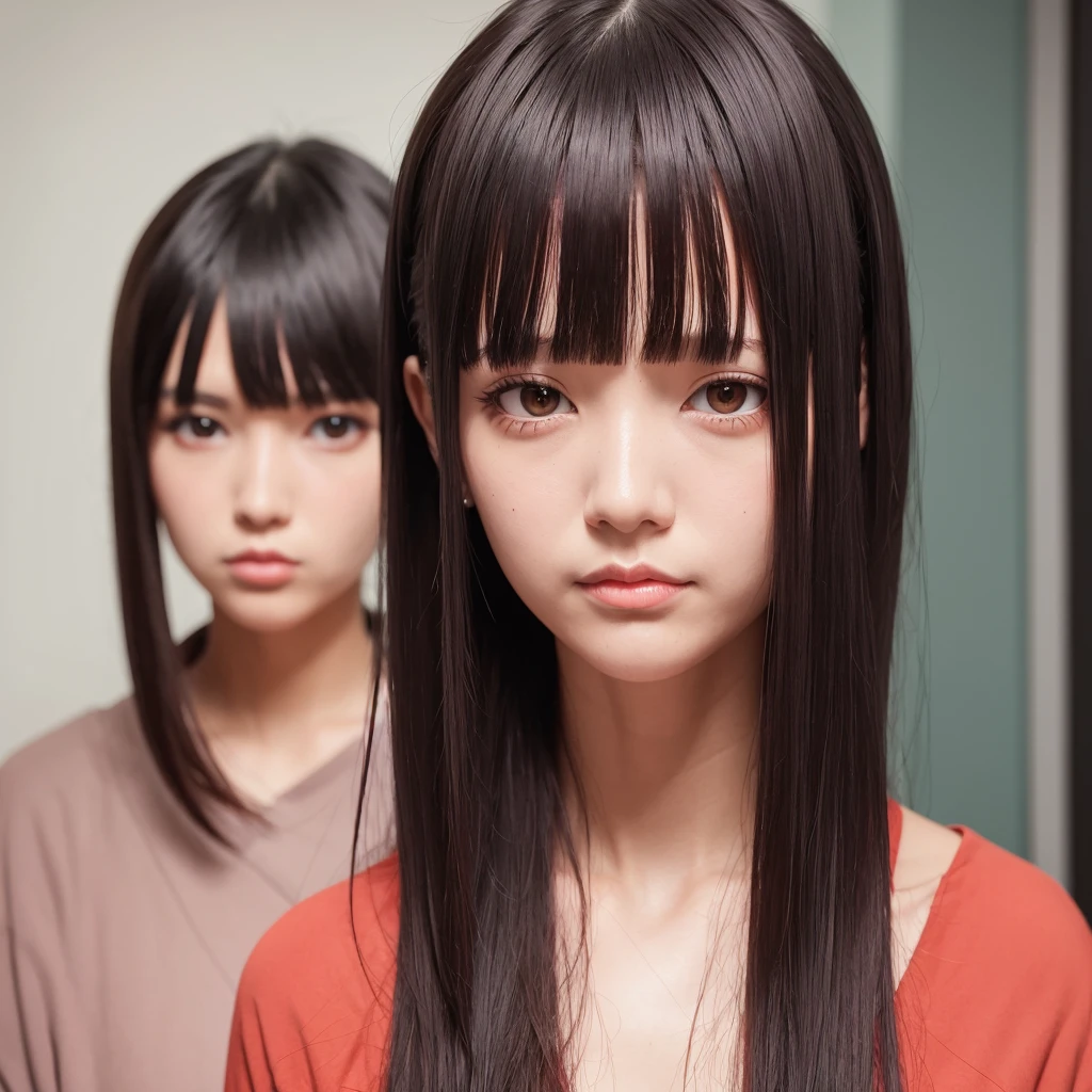 Tall girl Red eyes Dark hair Ponytail with fringe Front face 