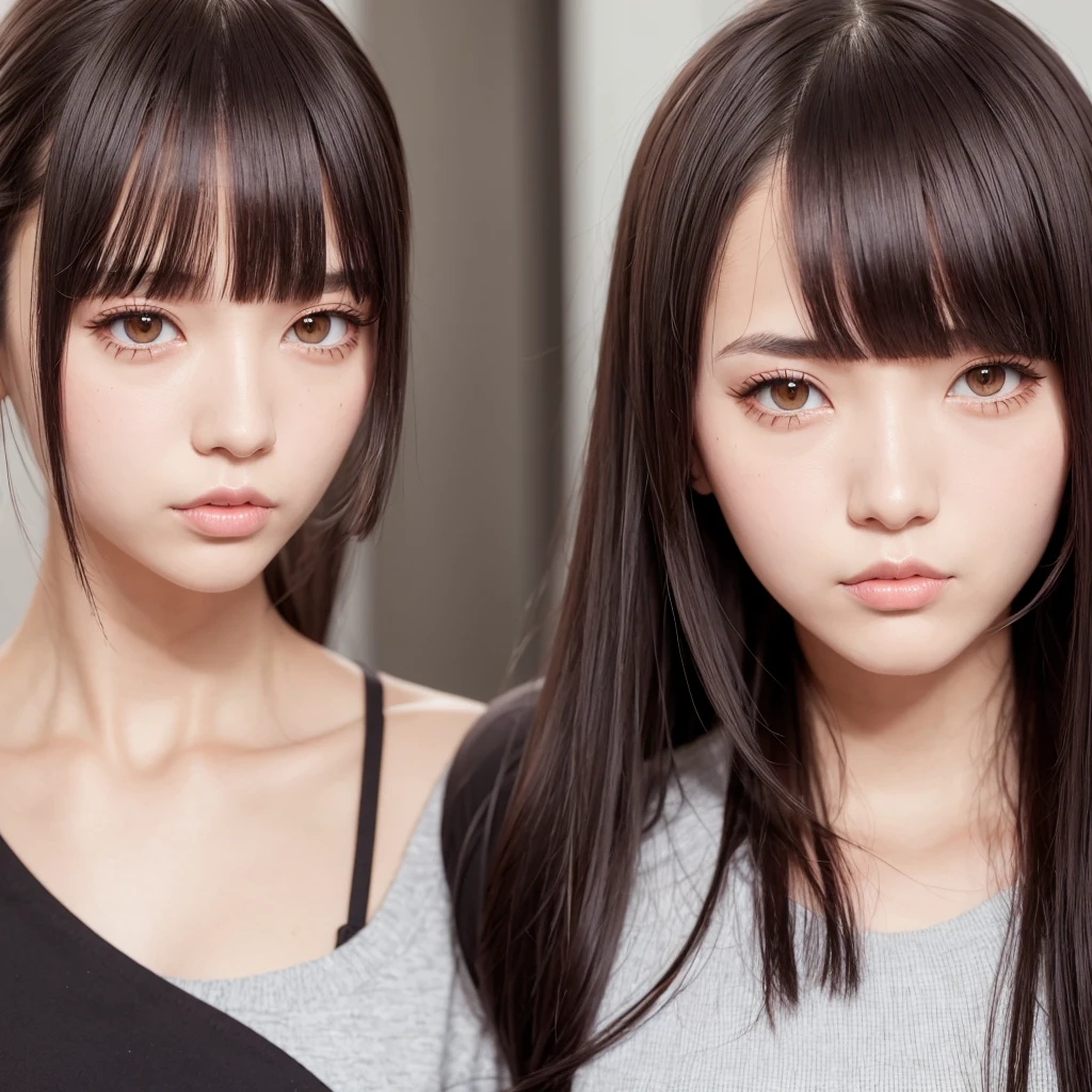Tall girl Red eyes Dark hair Ponytail with fringe Front face