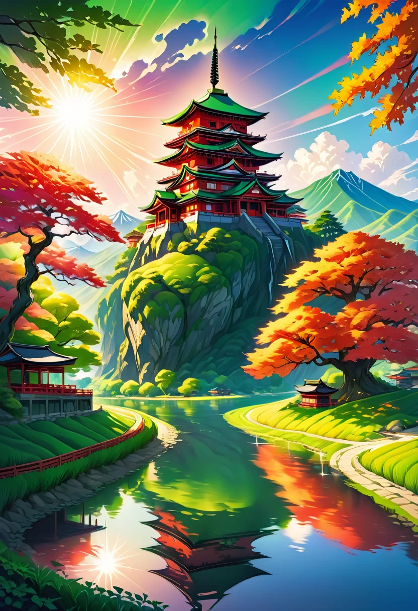 a National Geographic picture of dark Japanese medieval temple, as the sun rises in the horizon, it sits on the bank of a river near surrounded by cherry trees, almond trees, Japanese maple trees, (all trees in many colorful shades of green, red, pin, orange: 1.5) ((all scenery is reflected in the river: 1.5)), an epic ancient Japanese medieval temple, ancient and epic in its majestic antiquity, a sense of serenity, tranquility, divine rays, some clouds, sun rays, (highest quality:1.2, Very detailed, up to date, Vibrant, Ultra-high resolution, High Contrast, masterpiece:1.2, highest quality, Best aesthetics), best details, best quality, highres, ultra wide angle, 16k, [ultra detailed], masterpiece, best quality, (extremely detailed: 1.5),