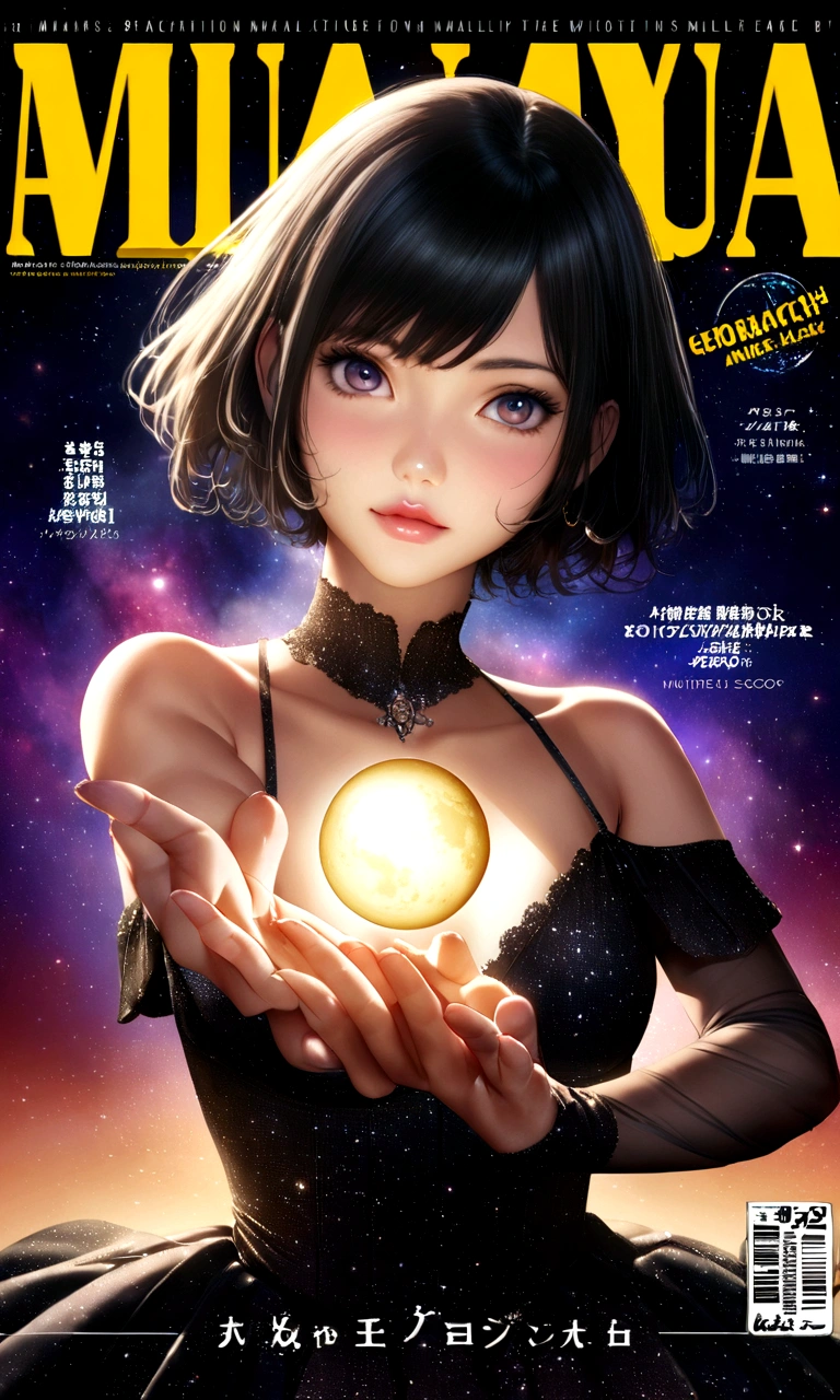 geographic magazine、scoop、A Goddess Bigger Than a Small Earth、Neat、Pure white long dress、Hold the Earth in your hand and bring it to your mouth、universe space、Sexy pose、Small breasts、Realistic、Magazine Cover、anime、リアルanimeスタイル、short hair、Black Hair、Cute woman、Beauty、model、Portrait、Steamy、steam、Japanese Idol、20th Generation、Milky Way、nebula、Mars、Saturn、moon、Spectacular atmosphere、animeキャラクターのポスター