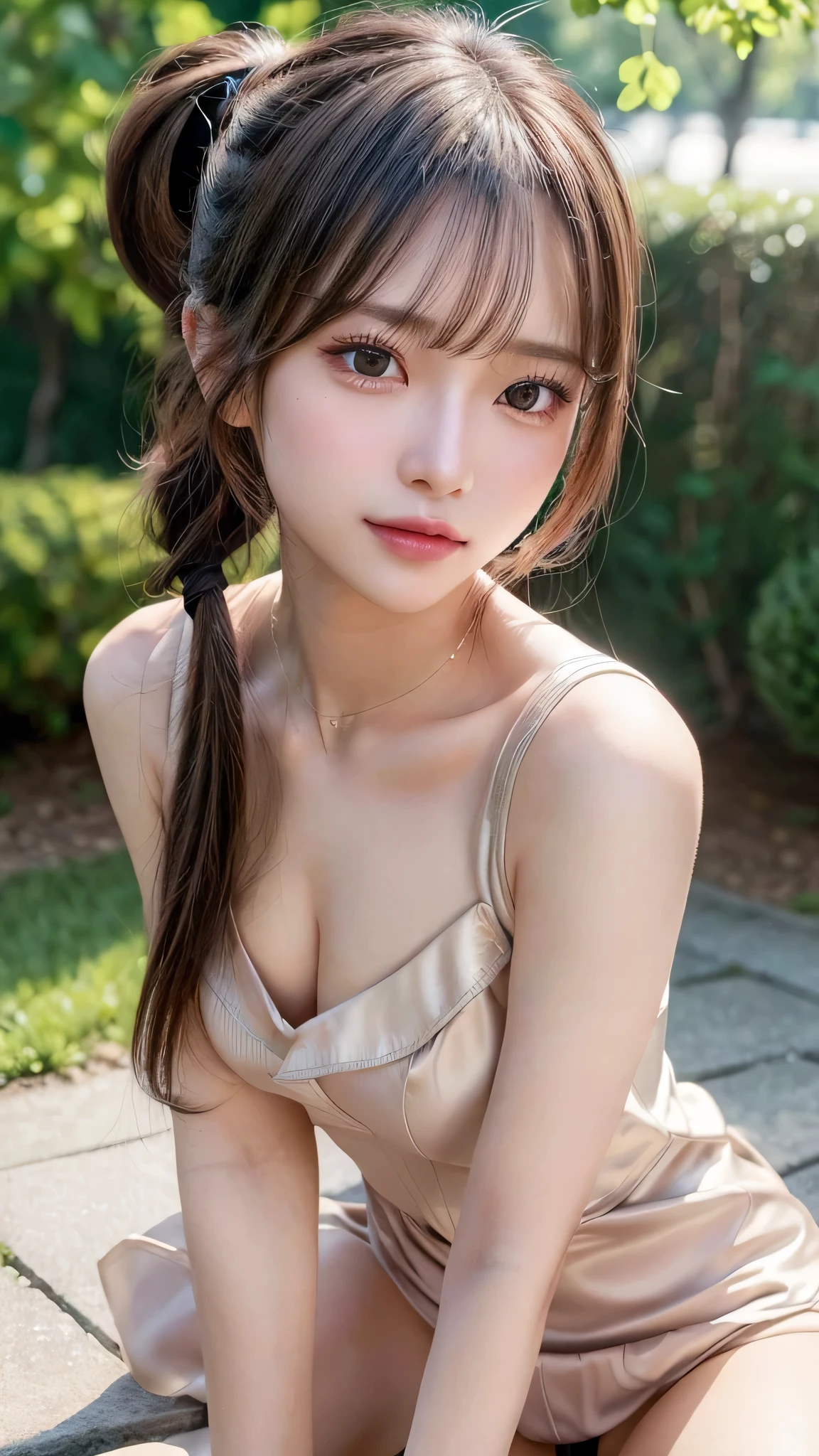 One piece with collar,outdoors,Urban Park,On the lawn,Ultra-detailed, finely detail, hight resolution, 8K Wallpaper, Perfect dynamic composition, Beautiful detailed eyes,Outdoor,Close-up of face,Outdoor,Blushing,Facing forward,,Long hair ponytail,((8k, Raw photo, Best Quality, Mastepiece:1.2), (Realism, Photorealistic:1.4), (Highly detailed 8K wallpapers), Depth of written boundary, Cinematic Lighting, Soft Light, Detailed Beauty Eye,Shiny and smooth light brown ponytail, Asymmetrical bangs, Shiny skin, Ultra-detailed skins ,It is high resolution., High detail, Detailed hairstyle, Detailed facial beauty, Hyper-realistic, Perfect limbs, Perfect Anatomy ,1 Japanese girl,Famous Japanese Idols, Perfect female body,A shy smile,Short eyelashes,Double-edged eyelids,Look straight here,Hair style: ponytail,