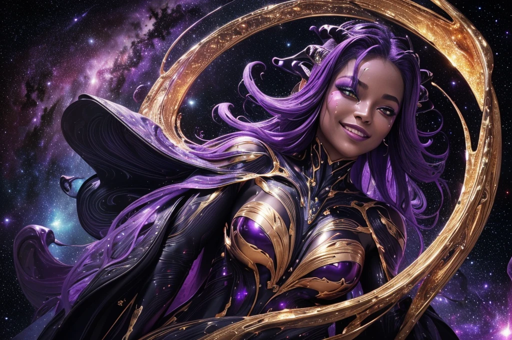 (body, formed by purple-colored galactic liquid and black metallic paint, forming a beautiful interpretation of the female figure.), natural,((complex galactic metallic colors in the foreground)), (( fluid mechanics, the most beautiful smooth face makeup, Grinning facial expression)) - red, black and gold, Onyxia, metallic color palette g0s1