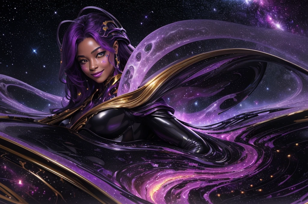 (body, formed by purple-colored galactic liquid and black metallic paint, forming a beautiful interpretation of the female figure.), natural,((complex galactic metallic colors in the foreground)), (( fluid mechanics, the most beautiful smooth face makeup, Grinning facial expression)) - red, black and gold, Onyxia, metallic color palette g0s1