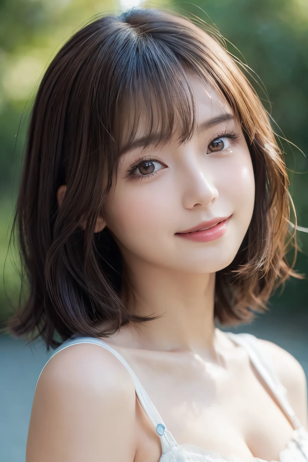 (masterpiece:1.2, Highest quality), (beautiful, Fine grain: 1.2、beautiful skin、beautiful hair、Good attitude and dignity、beautiful manners、pity、beautiful eyes), ((One Woman)), (Clear light brown eyes:1.4), (Detailed eyes and face:1.3), ((Short Hair Woman)), (beautiful and vivid background:1.2), (Extremely detailed CG, Very detailed, Best Shadow:1.1), ((Written boundary depth)), ((watercolor)), beautiful concept shape, (Blue background:0.5), (shape:1.1), (とても素敵でbeautiful:1.1), (Perfect detail:1.1), from the front, Cowboy Shot, scenery 、Listen carefully、長くbeautiful首、Please close your mouth and smile happily at the viewers.
