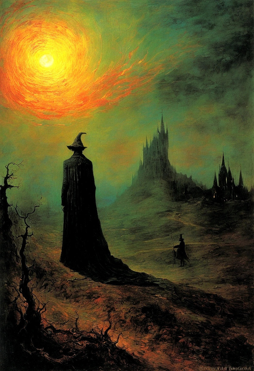 Mythical creatures, author:Zdzislaw Beksiński and Vincent Van Gogh, Album cover, romantic, Surrealism, elder ,Smiling Corpse, Wizard, Abstracted, dark, landscape
