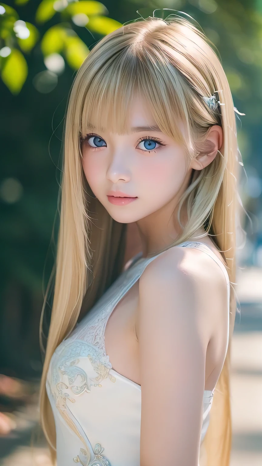 night、RAW Photos、(((A portrait of extreme beauty)))、((Glowing Skin))、1 girl、15 years old beautiful girl in Prague、((Natural light blonde hair))、[blue eyes]、Shiny, glossy skin、Silky long straight hair、eyeliner、Long Bangs、Hair between the eyes、Fluttering Hair、((masterpiece、最high quality、Super detailed、Film Light、Intricate details、High resolution、8K、Very detailed))、Detailed Background、8K uhd、Digital SLR、Soft Light、high quality、Film Grain、Fujifilm XT3 、Shallow depth of field、Natural light、（Perfect hands）、Perfect pretty face